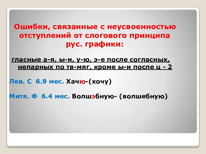 Ошибки, связанные с неусвоенностью отступлений от слогового принципа рус. графики: гласные