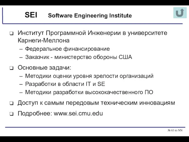 № из NN SEI Институт Программной Инженерии в университете Карнеги-Меллона Федеральное