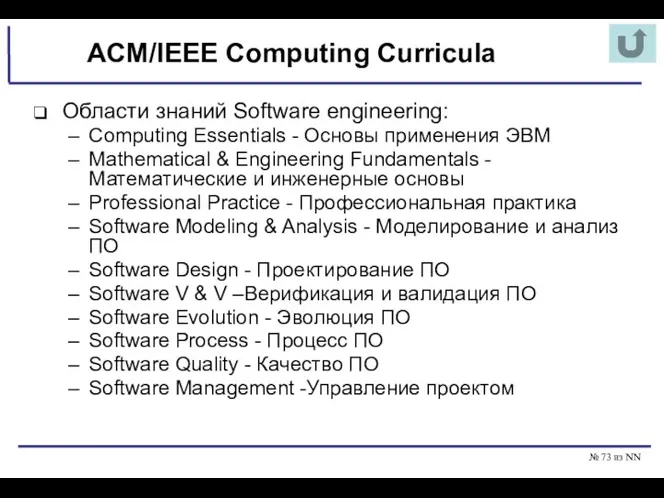 № из NN ACM/IEEE Computing Curricula Области знаний Software engineering: Computing