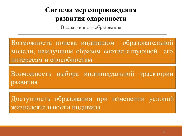 Вариативность образования Система мер сопровождения развития одаренности Возможность выбора индивидуальной траектории