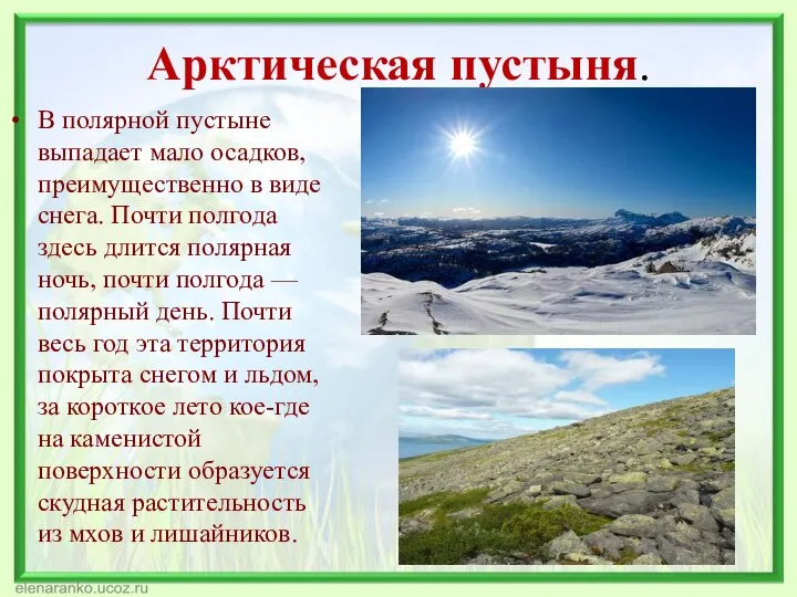 Арктическая пустыня. В полярной пустыне выпадает мало осадков, преимущественно в виде