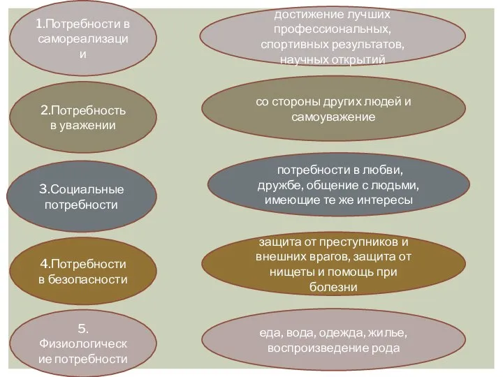 1.Потребности в самореализации достижение лучших профессиональных, спортивных результатов, научных открытий 2.Потребность