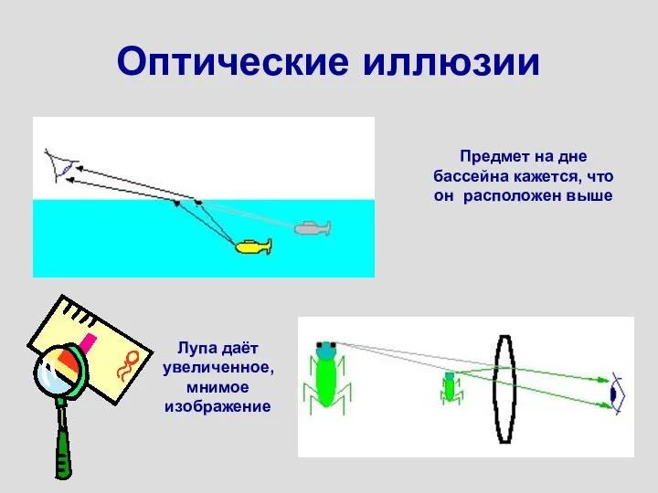 Оптические иллюзии Предмет на дне бассейна кажется, что он расположен выше Лупа даёт увеличенное, мнимое изображение