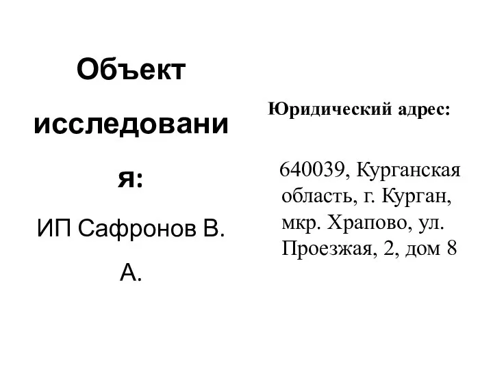 Объект исследования: ИП Сафронов В.А. Юридический адрес: 640039, Курганская область, г.