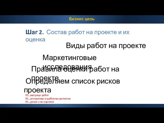 Бизнес цель Шаг 2. Состав работ на проекте и их оценка