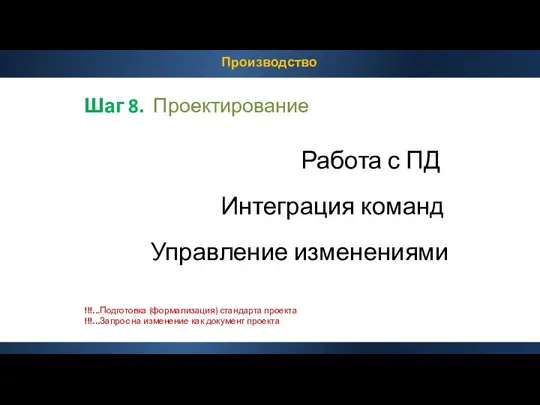 Производство Шаг 8. Проектирование Управление изменениями Интеграция команд Работа с ПД