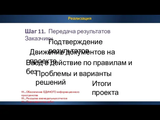 Реализация Шаг 11. Передача результатов Заказчику Ввод в действие по правилам