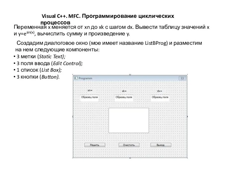 Visual C++. MFC. Программирование циклических процессов Переменная x меняется от xn