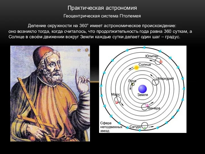 Деление окружности на 360° имеет астрономическое происхождение: оно возникло тогда, когда