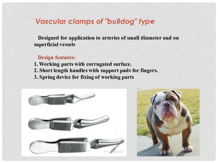 Vascular clamps of "bulldog" type Designed for application to arteries of