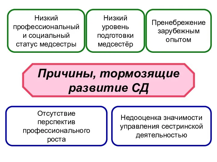 Низкий профессиональный и социальный статус медсестры Отсутствие перспектив профессионального роста Пренебрежение