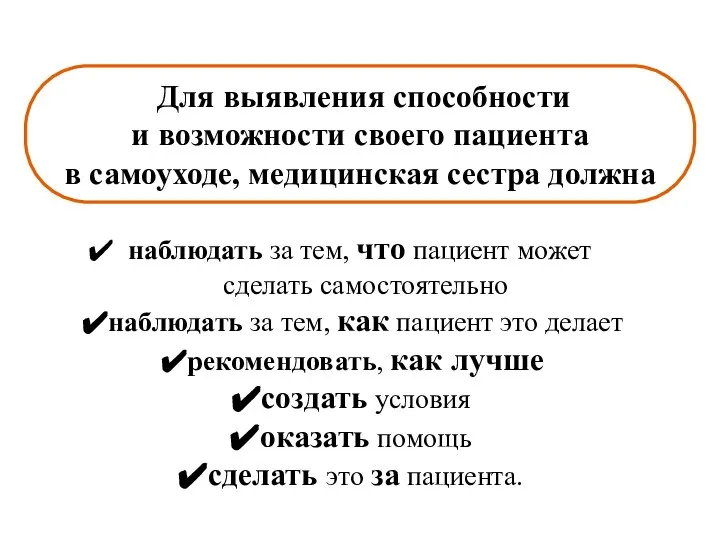 наблюдать за тем, что пациент может сделать самостоятельно наблюдать за тем,