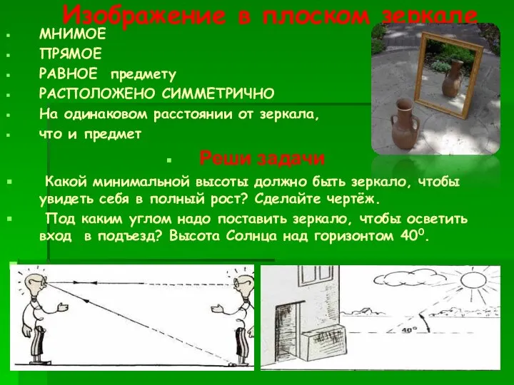 Изображение в плоском зеркале МНИМОЕ ПРЯМОЕ РАВНОЕ предмету РАСПОЛОЖЕНО СИММЕТРИЧНО На