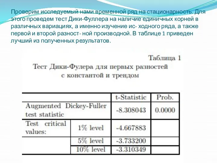 Проверим исследуемый нами временной ряд на стационарность. Для этого проведем тест