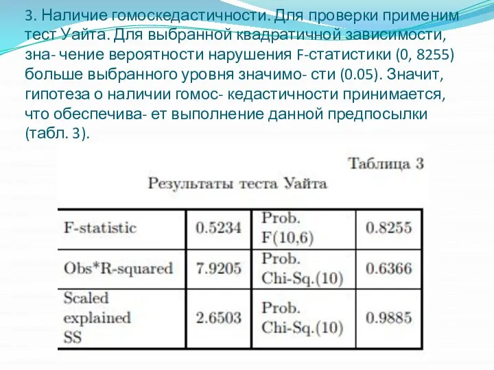 3. Наличие гомоскедастичности. Для проверки применим тест Уайта. Для выбранной квадратичной