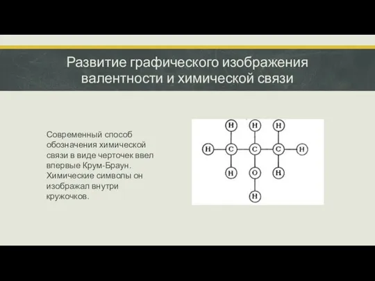 Современный способ обозначения химической связи в виде черточек ввел впервые Крум-Браун.