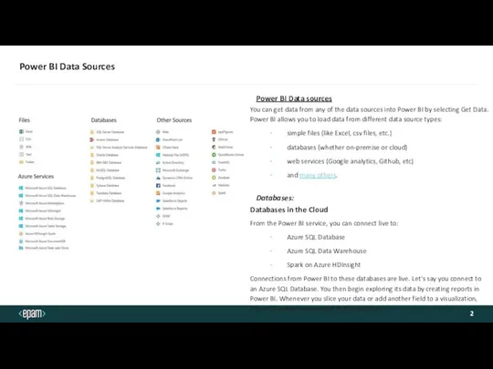 Power BI Data Sources Power BI Data sources You can get