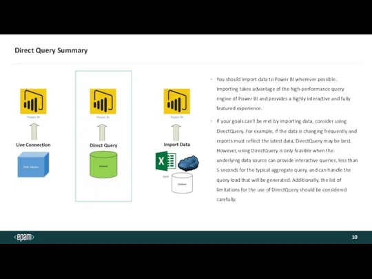 Direct Query Summary You should import data to Power BI wherever