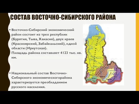 СОСТАВ ВОСТОЧНО-СИБИРСКОГО РАЙОНА Восточно-Сибирский экономический район состоит из трех республик (Бурятия,