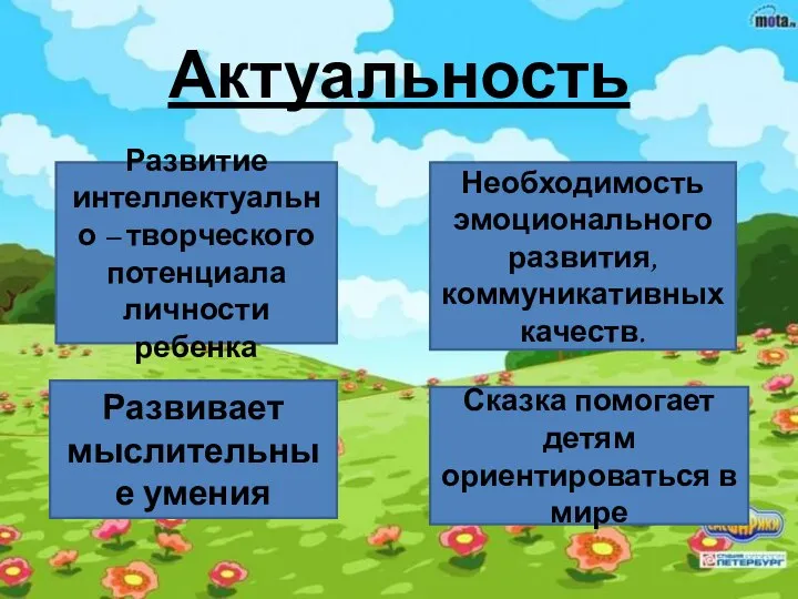 Актуальность Развитие интеллектуально – творческого потенциала личности ребенка Сказка помогает детям