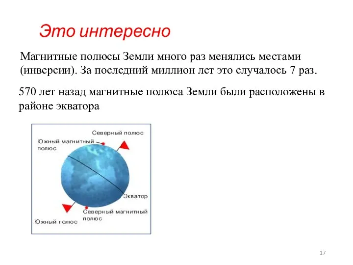 Это интересно Магнитные полюсы Земли много раз менялись местами (инверсии). За