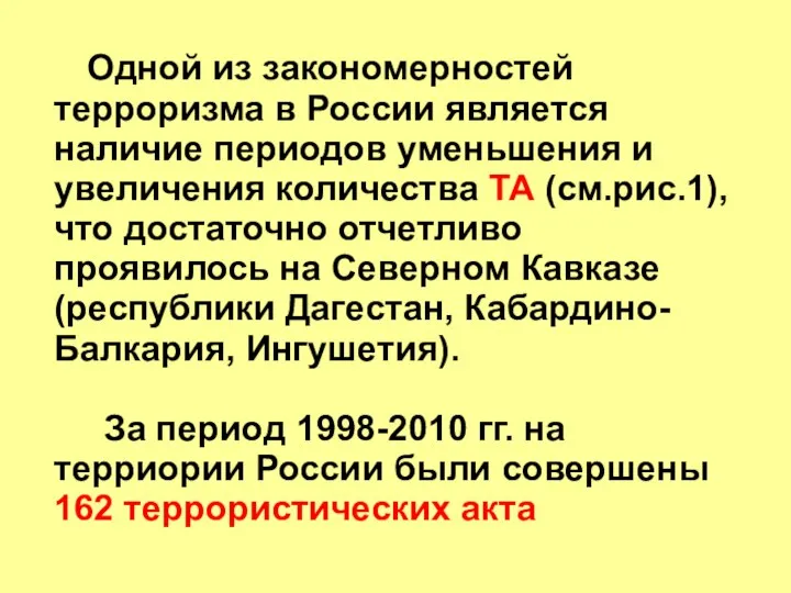 Одной из закономерностей терроризма в России является наличие периодов уменьшения и