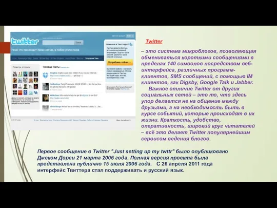 Первое сообщение в Twitter "Just setting up my twttr" было опубликовано