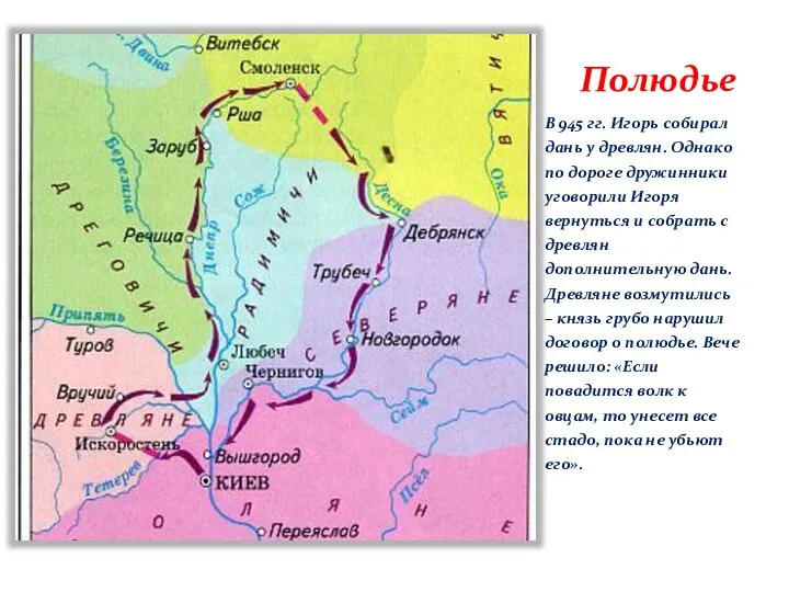 Полюдье В 945 гг. Игорь собирал дань у древлян. Однако по