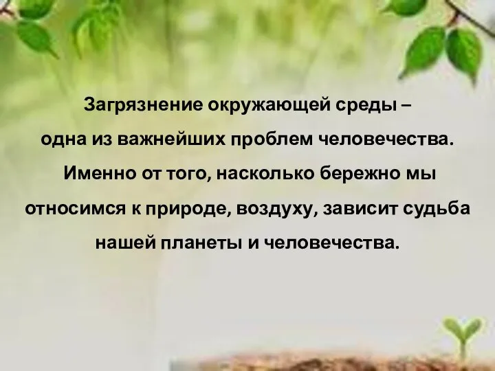 Загрязнение окружающей среды – одна из важнейших проблем человечества. Именно от