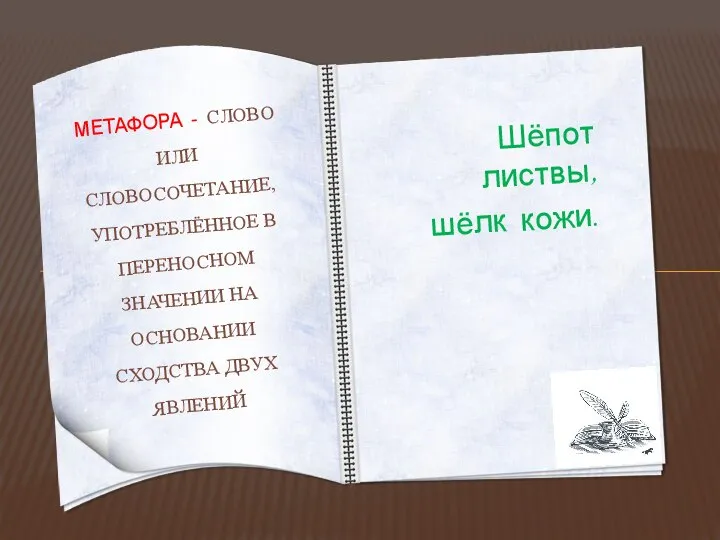 Шёпот листвы, шёлк кожи. МЕТАФОРА - СЛОВО ИЛИ СЛОВОСОЧЕТАНИЕ, УПОТРЕБЛЁННОЕ В