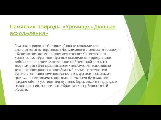 Памятник природы «Урочище «Дюнные всхолмления» Памятник природы «Урочище «Дюнные всхолмления» располагается