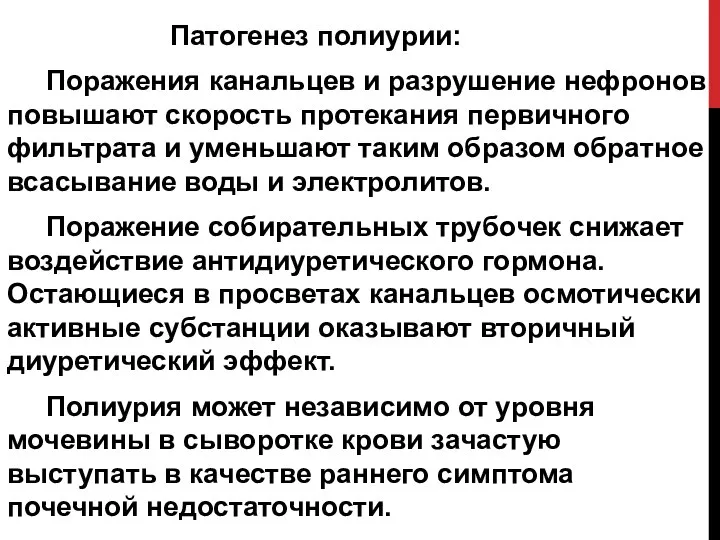 Патогенез полиурии: Поражения канальцев и разрушение нефронов повышают скорость протекания первичного