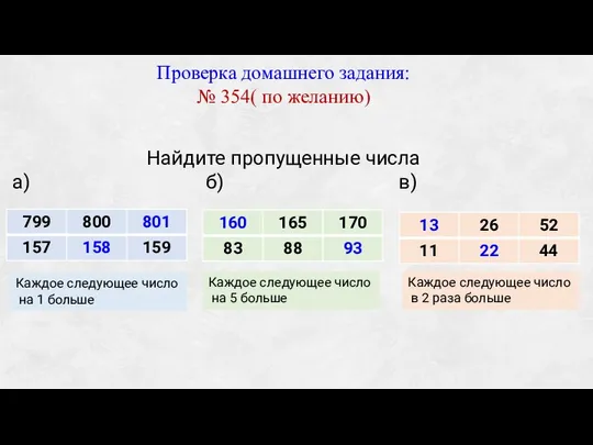 Найдите пропущенные числа а) б) в) Проверка домашнего задания: № 354(