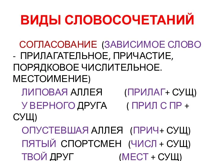 ВИДЫ СЛОВОСОЧЕТАНИЙ СОГЛАСОВАНИЕ (ЗАВИСИМОЕ СЛОВО - ПРИЛАГАТЕЛЬНОЕ, ПРИЧАСТИЕ, ПОРЯДКОВОЕ ЧИСЛИТЕЛЬНОЕ. МЕСТОИМЕНИЕ)