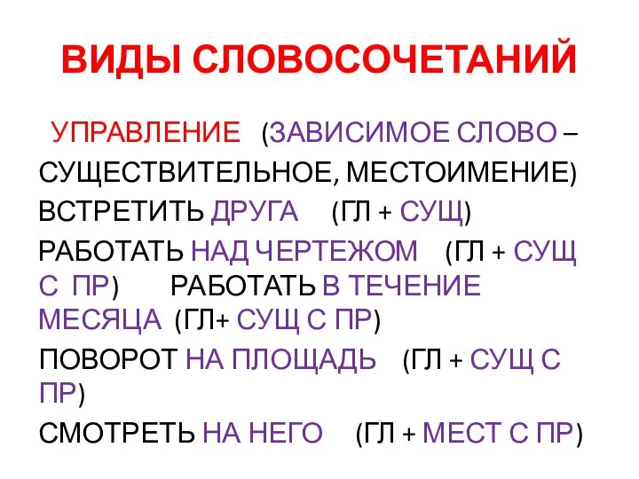 ВИДЫ СЛОВОСОЧЕТАНИЙ УПРАВЛЕНИЕ (ЗАВИСИМОЕ СЛОВО – СУЩЕСТВИТЕЛЬНОЕ, МЕСТОИМЕНИЕ) ВСТРЕТИТЬ ДРУГА (ГЛ