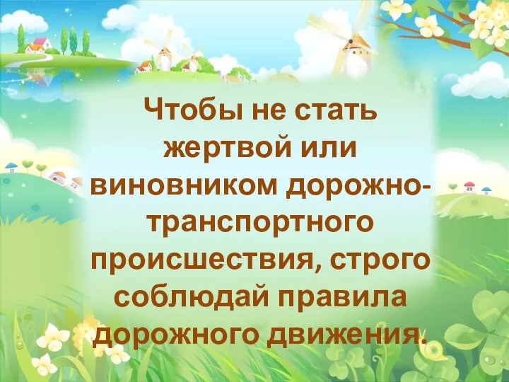 Чтобы не стать жертвой или виновником дорожно-транспортного происшествия, строго соблюдай правила дорожного движения.