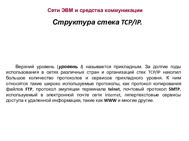 Сети ЭВМ и средства коммуникации Структура стека TCP/IP. Верхний уровень (уровень