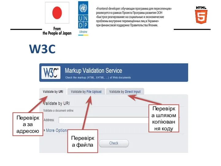 W3C Перевірка за адресою Перевірка файла Перевірка шляхом копіювання коду