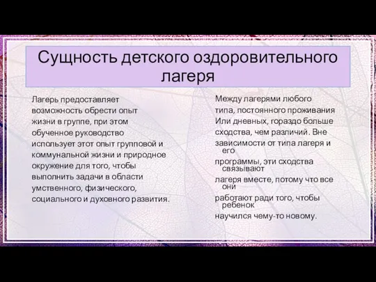 Сущность детского оздоровительного лагеря Лагерь предоставляет возможность обрести опыт жизни в