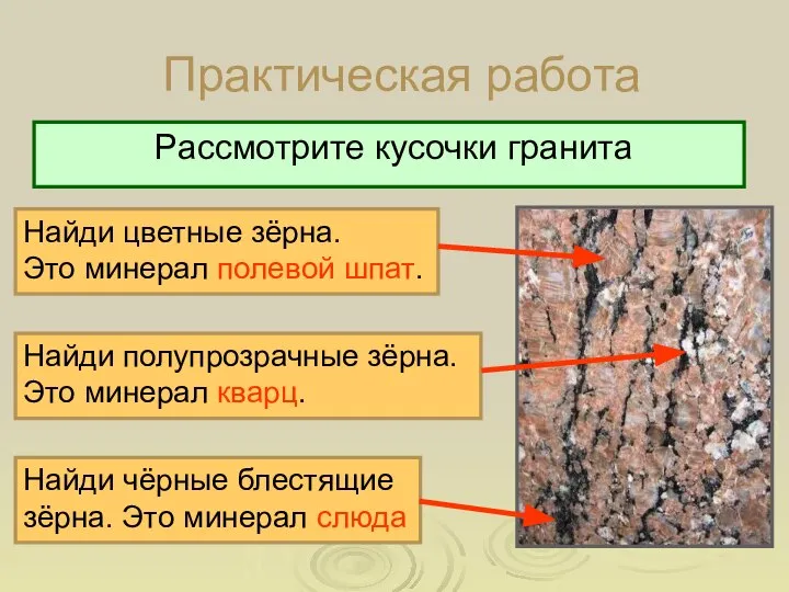 Практическая работа Рассмотрите кусочки гранита Найди цветные зёрна. Это минерал полевой