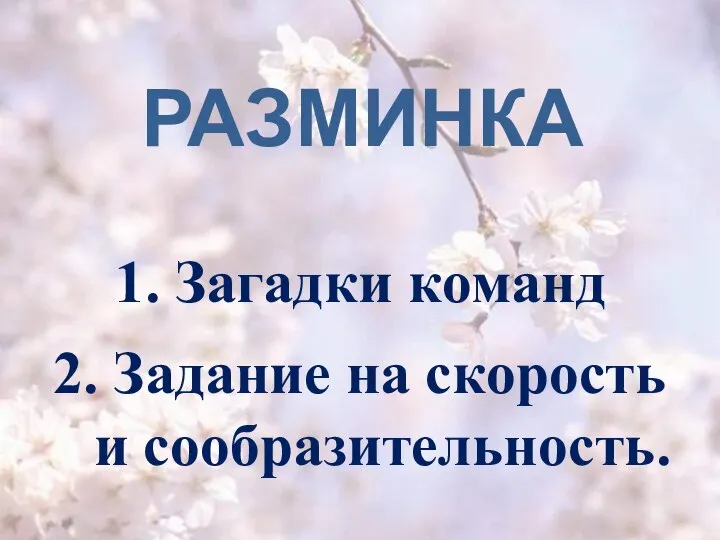 РАЗМИНКА 1. Загадки команд 2. Задание на скорость и сообразительность.