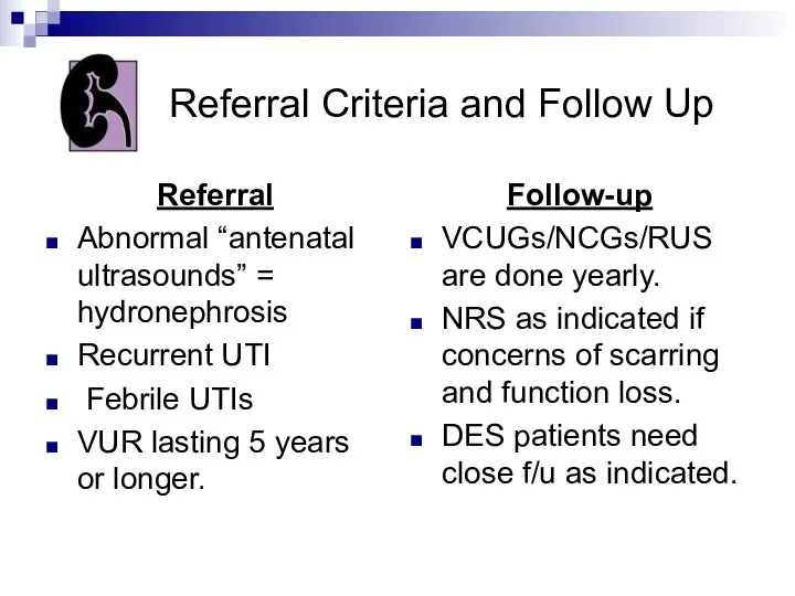 Referral Criteria and Follow Up Referral Abnormal “antenatal ultrasounds” = hydronephrosis