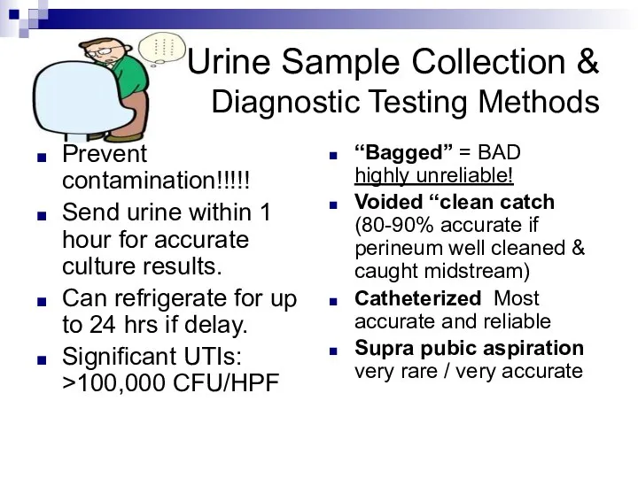 Urine Sample Collection & Diagnostic Testing Methods Prevent contamination!!!!! Send urine