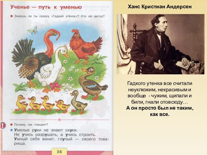 Ханс Кристиан Андерсен Гадкого утенка все считали неуклюжим, некрасивым и вообще