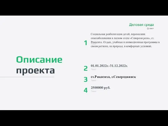 Описание проекта 1 Социальная реабилитация детей, перенесших онкозаболевания в лесном отеле