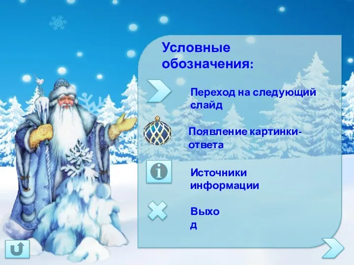 Условные обозначения: Переход на следующий слайд Выход Источники информации Появление картинки-ответа