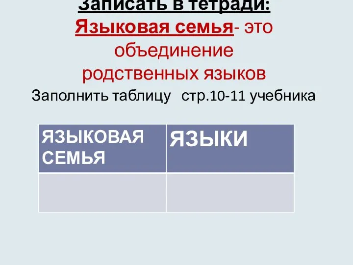 Записать в тетради: Языковая семья- это объединение родственных языков Заполнить таблицу стр.10-11 учебника