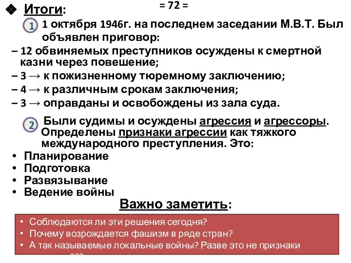 Итоги: 1 октября 1946г. на последнем заседании М.В.Т. Был объявлен приговор: