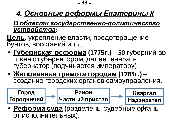 4. Основные реформы Екатерины II В области государственно-политического устройства: Цель: укрепление