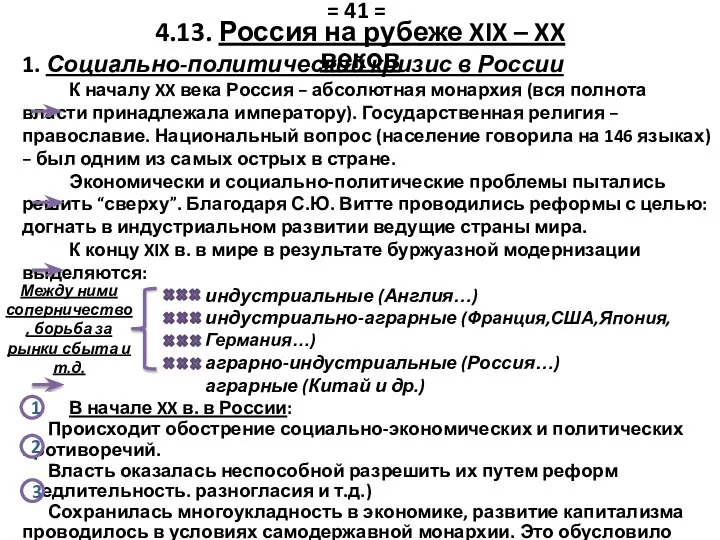 4.13. Россия на рубеже XIX – XX веков 1. Социально-политический кризис